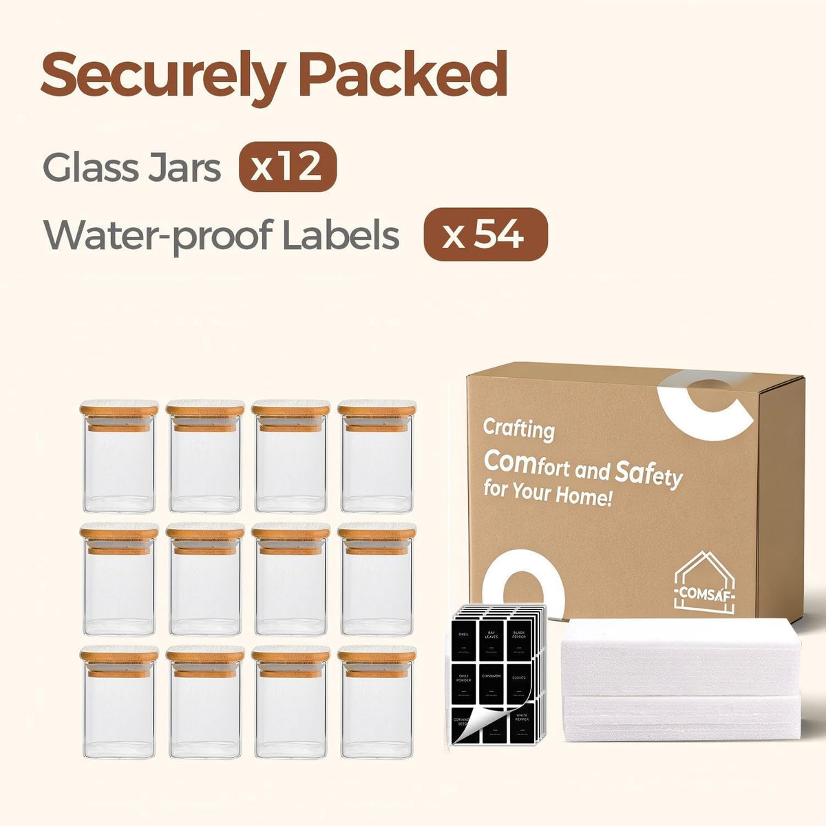 Glass Spice Jars with Labels 8 oz 6 Pack Square Bamboo Lids | Empty Containers, Seasoning Herbs Powders, Salt Pepper Chili, Kitchen Cabinet Storage Starter Set, Dry Goods