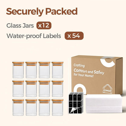 Glass Spice Jars with Labels 8 oz 6 Pack Square Bamboo Lids | Empty Containers, Seasoning Herbs Powders, Salt Pepper Chili, Kitchen Cabinet Storage Starter Set, Dry Goods