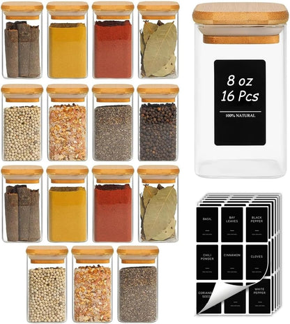 Glass Spice Jars with Labels 8 oz 6 Pack Square Bamboo Lids | Empty Containers, Seasoning Herbs Powders, Salt Pepper Chili, Kitchen Cabinet Storage Starter Set, Dry Goods