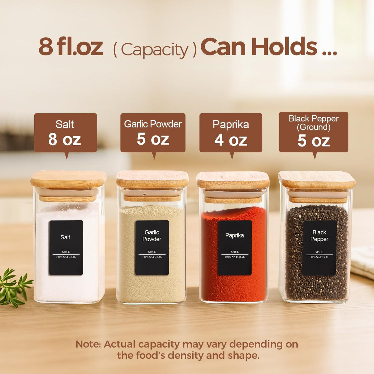 Glass Spice Jars with Labels 8 oz 6 Pack Square Bamboo Lids | Empty Containers, Seasoning Herbs Powders, Salt Pepper Chili, Kitchen Cabinet Storage Starter Set, Dry Goods