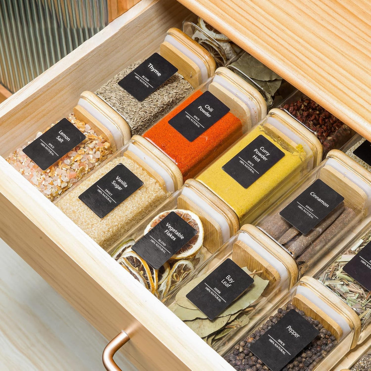 Glass Spice Jars with Labels 8 oz 6 Pack Square Bamboo Lids | Empty Containers, Seasoning Herbs Powders, Salt Pepper Chili, Kitchen Cabinet Storage Starter Set, Dry Goods