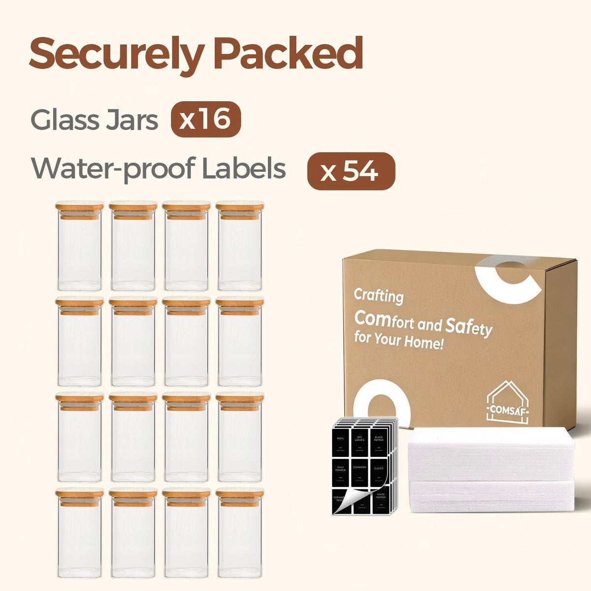 Glass Spice Jars with Labels 8 oz 6 Pack Square Bamboo Lids | Empty Containers, Seasoning Herbs Powders, Salt Pepper Chili, Kitchen Cabinet Storage Starter Set, Dry Goods