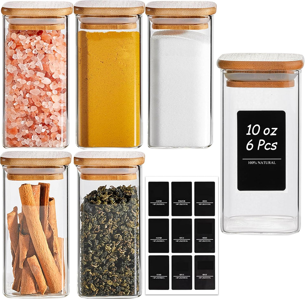 Glass Spice Jars with Labels 8 oz 6 Pack Square Bamboo Lids | Empty Containers, Seasoning Herbs Powders, Salt Pepper Chili, Kitchen Cabinet Storage Starter Set, Dry Goods