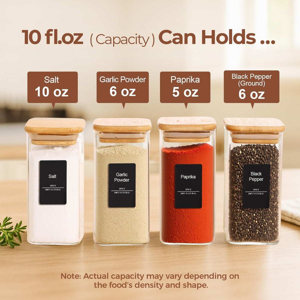 Glass Spice Jars with Labels 8 oz 6 Pack Square Bamboo Lids | Empty Containers, Seasoning Herbs Powders, Salt Pepper Chili, Kitchen Cabinet Storage Starter Set, Dry Goods