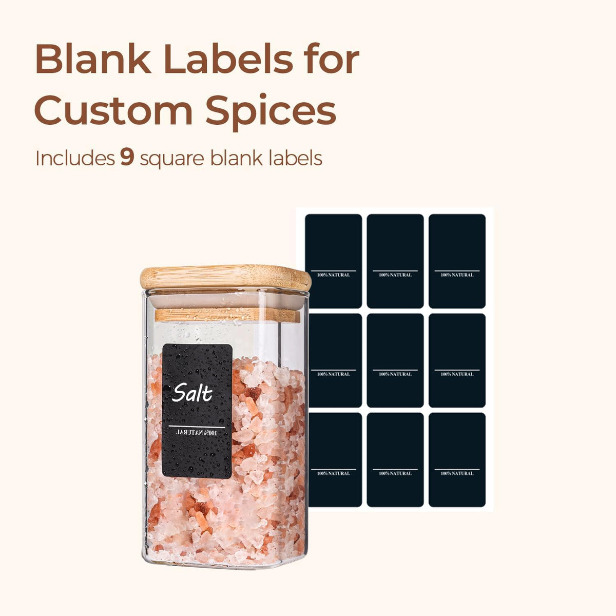 Glass Spice Jars with Labels 8 oz 6 Pack Square Bamboo Lids | Empty Containers, Seasoning Herbs Powders, Salt Pepper Chili, Kitchen Cabinet Storage Starter Set, Dry Goods