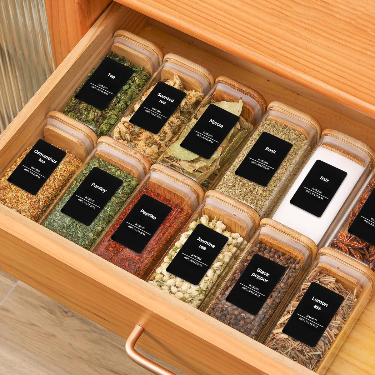Glass Spice Jars with Labels 8 oz 6 Pack Square Bamboo Lids | Empty Containers, Seasoning Herbs Powders, Salt Pepper Chili, Kitchen Cabinet Storage Starter Set, Dry Goods