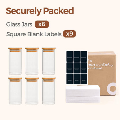Glass Spice Jars with Labels 8 oz 6 Pack Square Bamboo Lids | Empty Containers, Seasoning Herbs Powders, Salt Pepper Chili, Kitchen Cabinet Storage Starter Set, Dry Goods