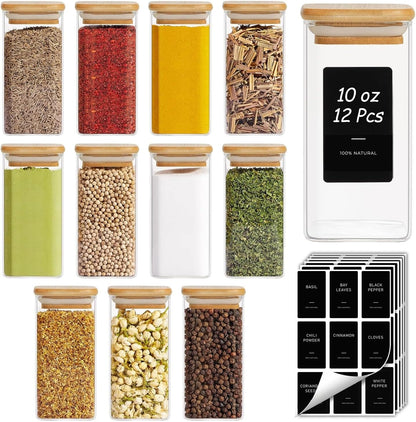 Glass Spice Jars with Labels 8 oz 6 Pack Square Bamboo Lids | Empty Containers, Seasoning Herbs Powders, Salt Pepper Chili, Kitchen Cabinet Storage Starter Set, Dry Goods