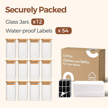 Glass Spice Jars with Labels 8 oz 6 Pack Square Bamboo Lids | Empty Containers, Seasoning Herbs Powders, Salt Pepper Chili, Kitchen Cabinet Storage Starter Set, Dry Goods