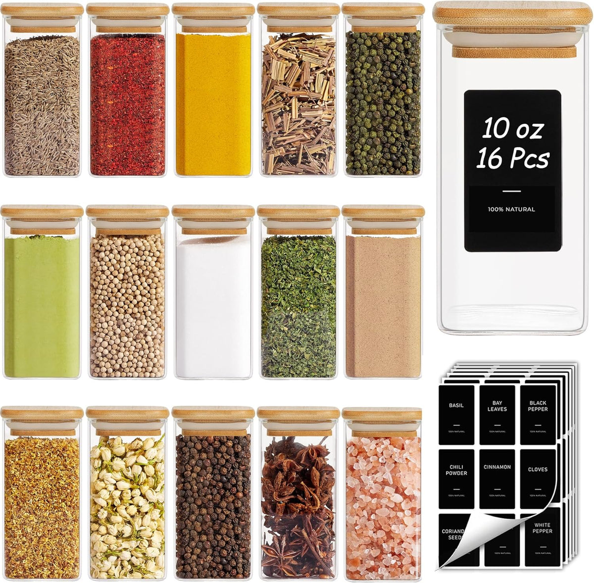 Glass Spice Jars with Labels 8 oz 6 Pack Square Bamboo Lids | Empty Containers, Seasoning Herbs Powders, Salt Pepper Chili, Kitchen Cabinet Storage Starter Set, Dry Goods