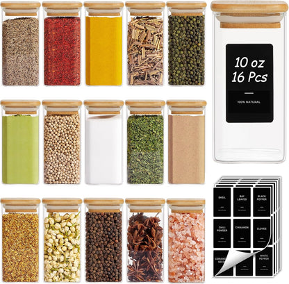 Glass Spice Jars with Labels 8 oz 6 Pack Square Bamboo Lids | Empty Containers, Seasoning Herbs Powders, Salt Pepper Chili, Kitchen Cabinet Storage Starter Set, Dry Goods