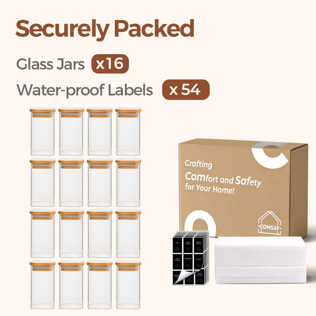 Glass Spice Jars with Labels 8 oz 6 Pack Square Bamboo Lids | Empty Containers, Seasoning Herbs Powders, Salt Pepper Chili, Kitchen Cabinet Storage Starter Set, Dry Goods