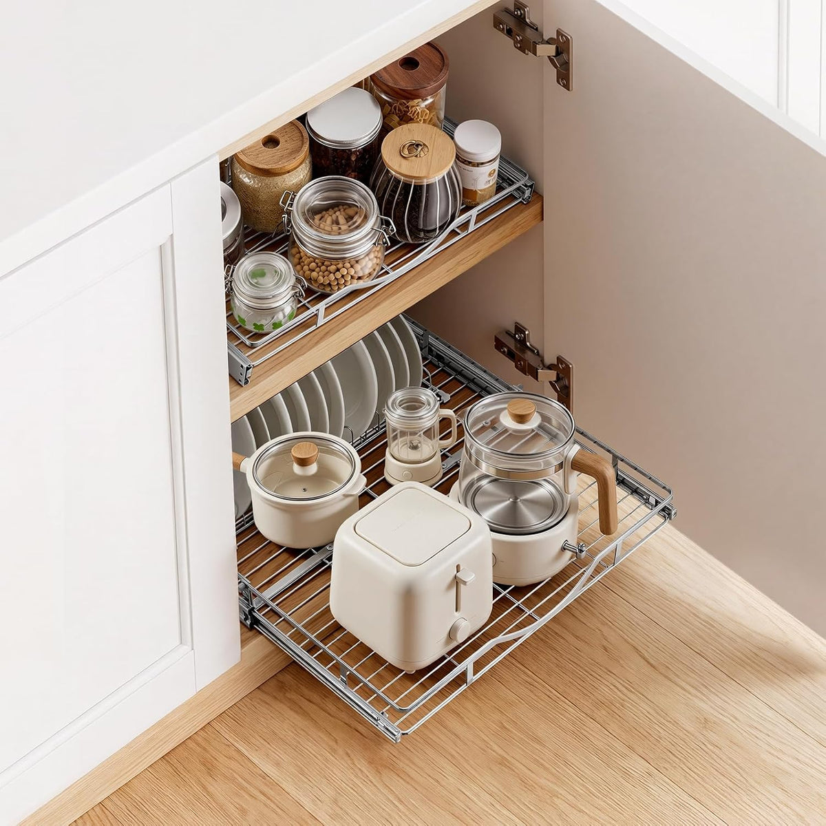 12.5"Wx21"Dx3.5"H Pull Out Cabinet Organizer, Heavy Duty Slide Out Pantry Shelves, Chrome-Plated Steel Roll Out Drawer, Drawer Storage for Home Under Sink, 14"Wx22"Dx7"H Install Size for Cabinet