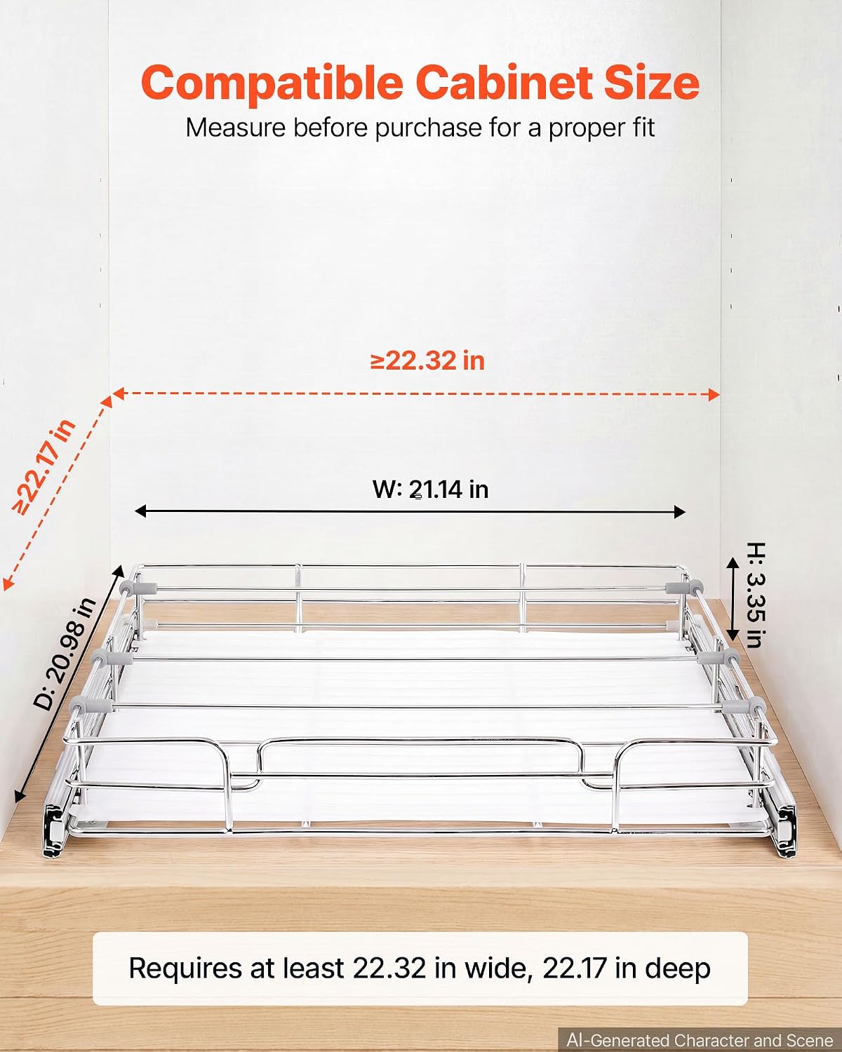 12.5"Wx21"Dx3.5"H Pull Out Cabinet Organizer, Heavy Duty Slide Out Pantry Shelves, Chrome-Plated Steel Roll Out Drawer, Drawer Storage for Home Under Sink, 14"Wx22"Dx7"H Install Size for Cabinet