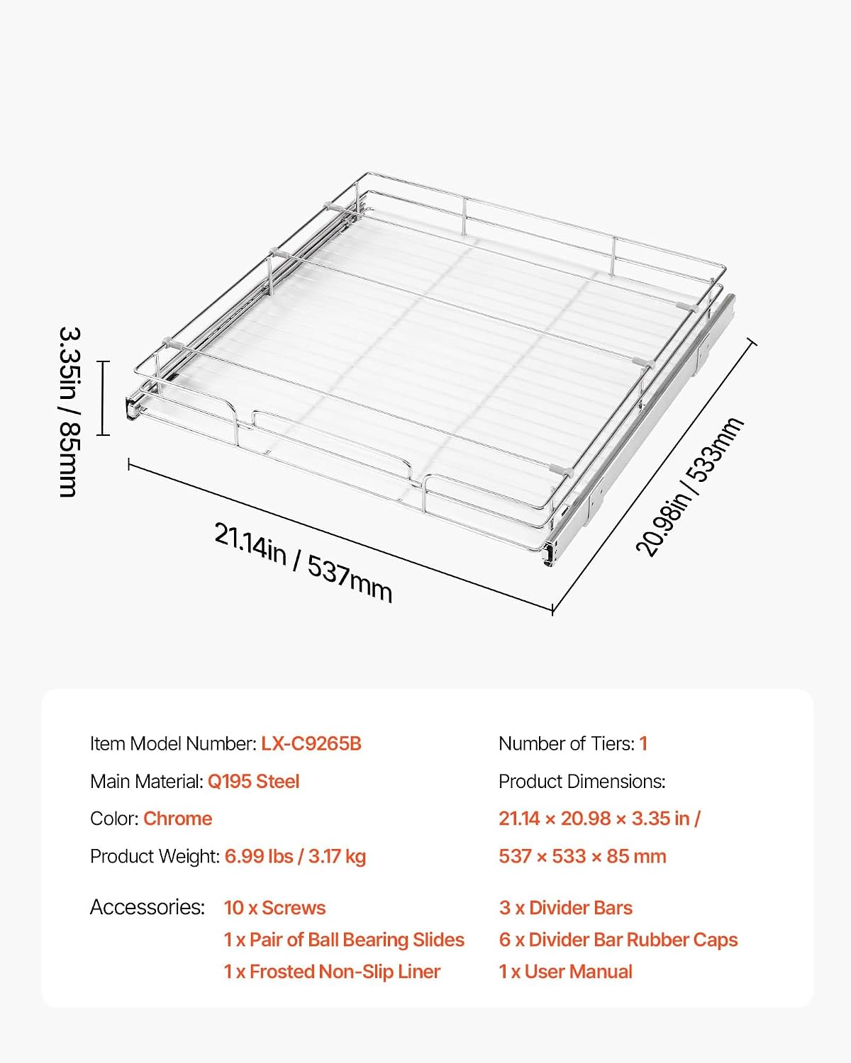 12.5"Wx21"Dx3.5"H Pull Out Cabinet Organizer, Heavy Duty Slide Out Pantry Shelves, Chrome-Plated Steel Roll Out Drawer, Drawer Storage for Home Under Sink, 14"Wx22"Dx7"H Install Size for Cabinet