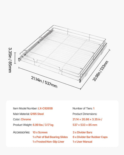 12.5"Wx21"Dx3.5"H Pull Out Cabinet Organizer, Heavy Duty Slide Out Pantry Shelves, Chrome-Plated Steel Roll Out Drawer, Drawer Storage for Home Under Sink, 14"Wx22"Dx7"H Install Size for Cabinet