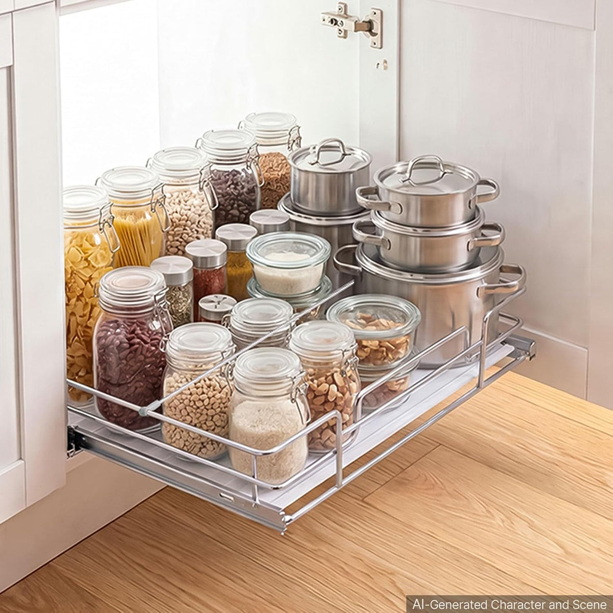 12.5"Wx21"Dx3.5"H Pull Out Cabinet Organizer, Heavy Duty Slide Out Pantry Shelves, Chrome-Plated Steel Roll Out Drawer, Drawer Storage for Home Under Sink, 14"Wx22"Dx7"H Install Size for Cabinet
