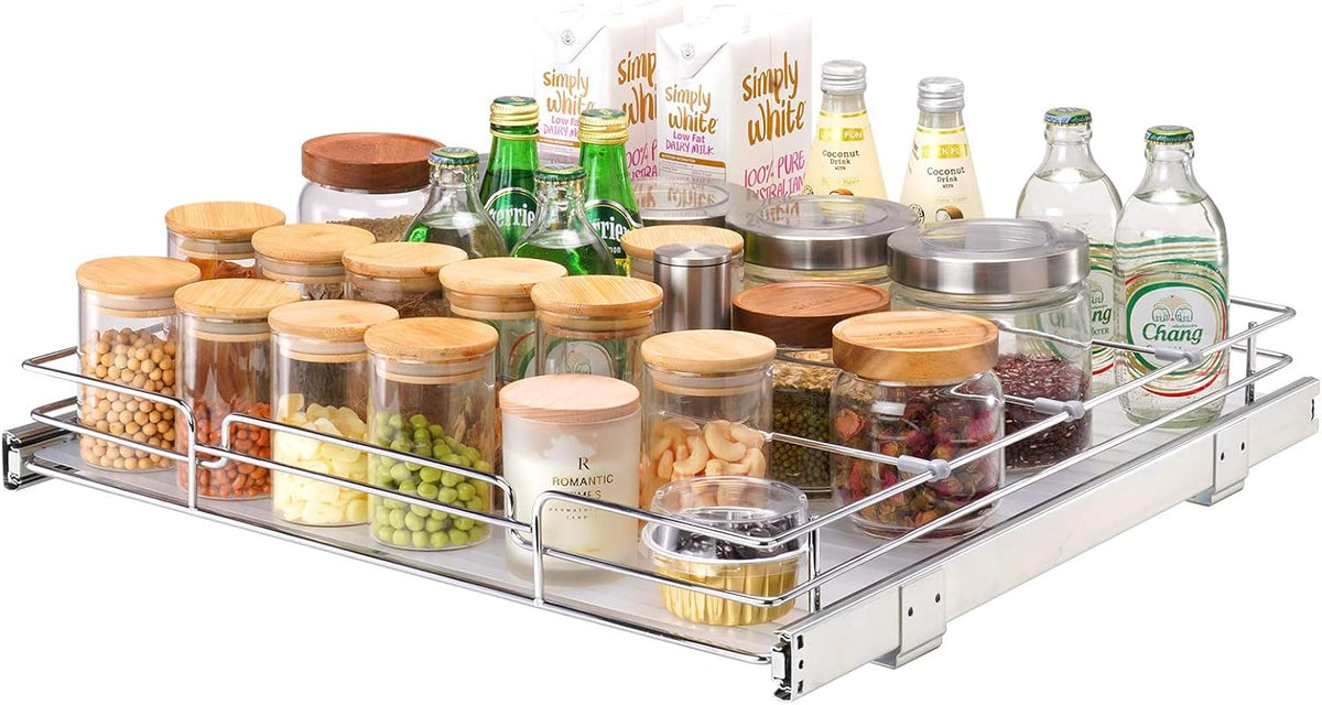 12.5"Wx21"Dx3.5"H Pull Out Cabinet Organizer, Heavy Duty Slide Out Pantry Shelves, Chrome-Plated Steel Roll Out Drawer, Drawer Storage for Home Under Sink, 14"Wx22"Dx7"H Install Size for Cabinet
