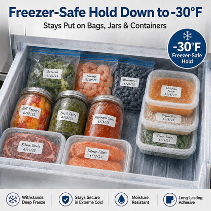 1200 Freezer Labels to Write On, 1x2 Inch Removable Food Labels, Freezer-Safe to -30°F with Perforation, Water & Oil-Resistant Date Labels for Food Containers, Meal Prep, Mason Jars & Pantry