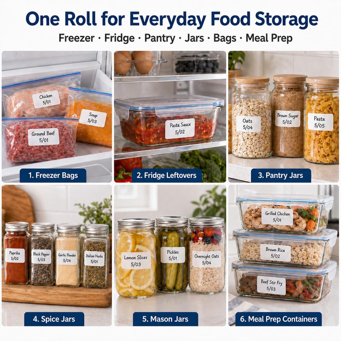 1200 Freezer Labels to Write On, 1x2 Inch Removable Food Labels, Freezer-Safe to -30°F with Perforation, Water & Oil-Resistant Date Labels for Food Containers, Meal Prep, Mason Jars & Pantry
