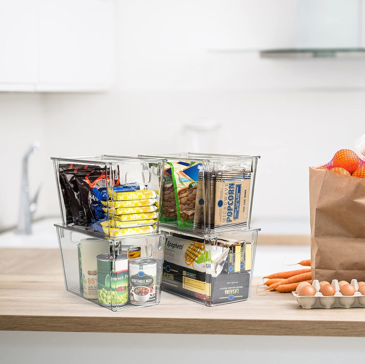 Modern Plastic Storage Bins with Lids – Perfect Kitchen Organization or Pantry Fridge Organizer, 12.5" x 6" x 7", 9L Capacity Each, BPA Free, Stackable