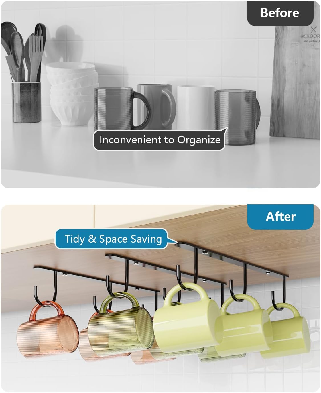 3 Pack Mug Hooks Under Cabinet with 9 Hooks for Displaying Mugs, Black