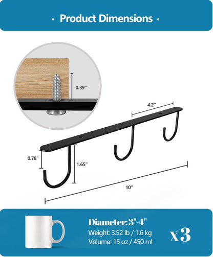 3 Pack Mug Hooks Under Cabinet with 9 Hooks for Displaying Mugs, Black