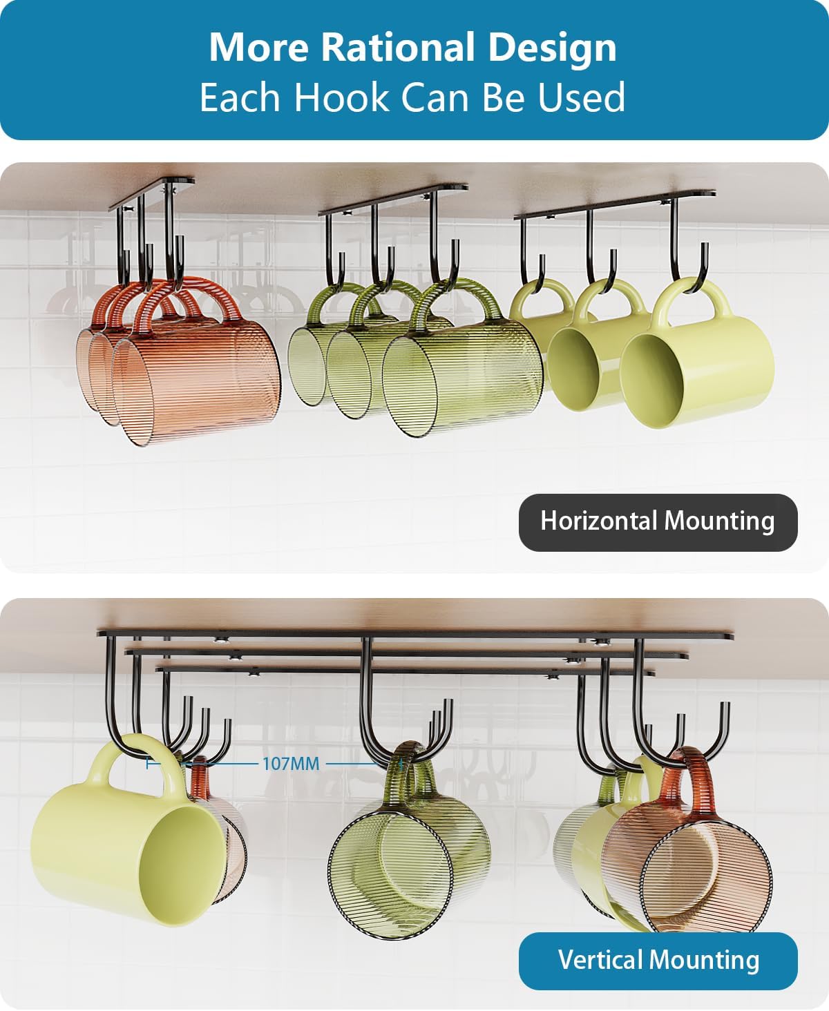 3 Pack Mug Hooks Under Cabinet with 9 Hooks for Displaying Mugs, Black