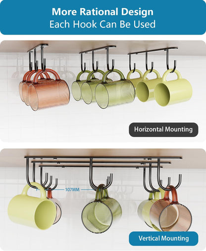 3 Pack Mug Hooks Under Cabinet with 9 Hooks for Displaying Mugs, Black