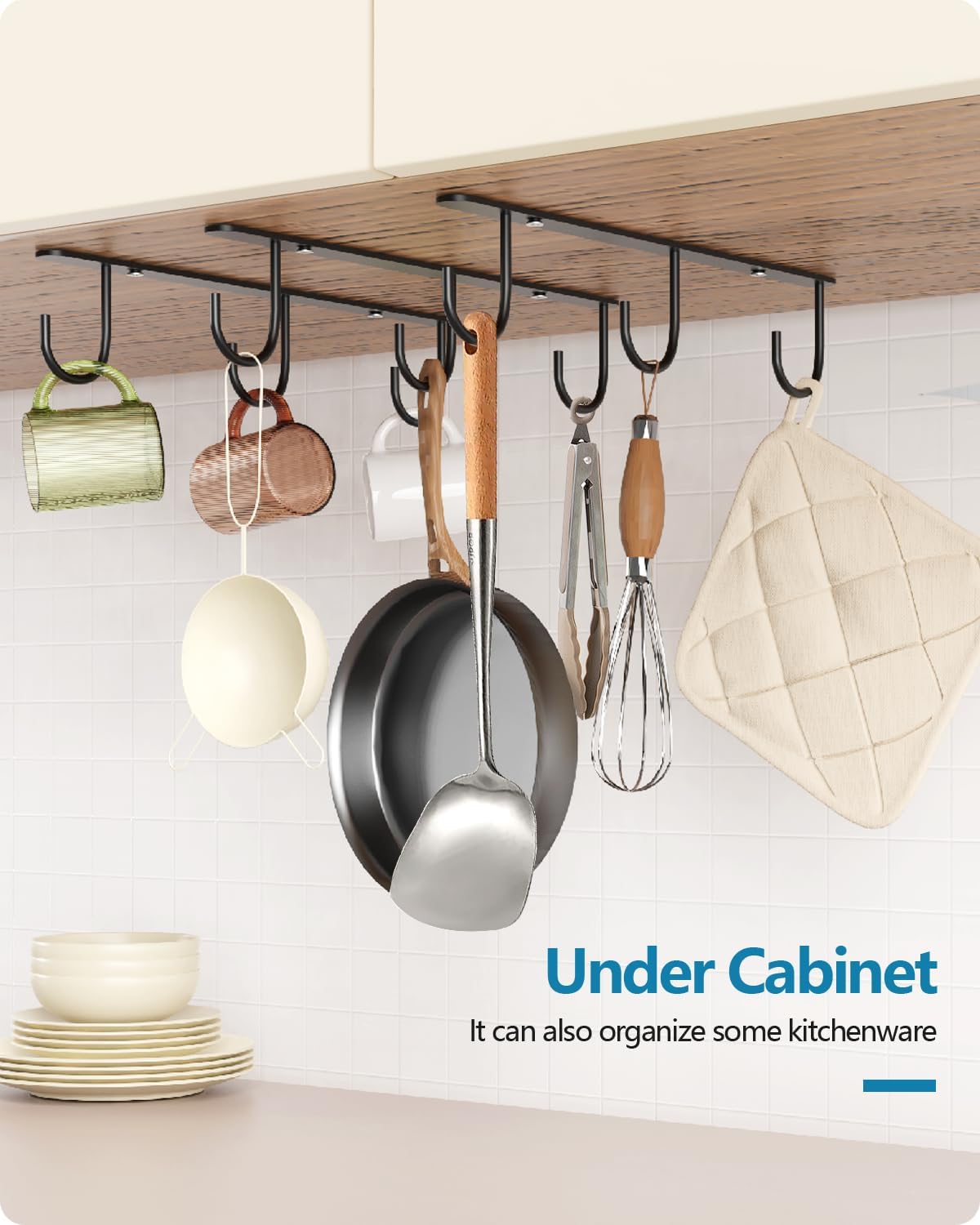 3 Pack Mug Hooks Under Cabinet with 9 Hooks for Displaying Mugs, Black