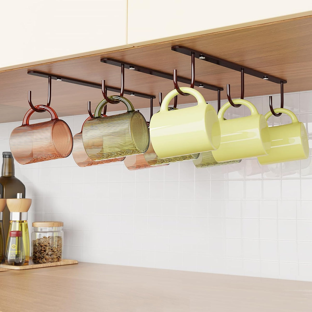 3 Pack Mug Hooks Under Cabinet with 9 Hooks for Displaying Mugs, Black