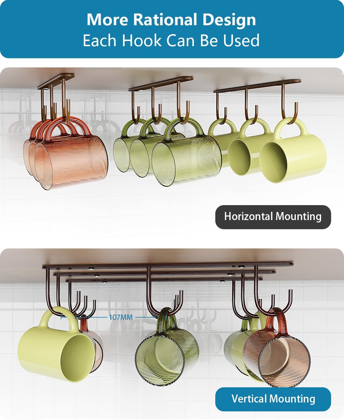 3 Pack Mug Hooks Under Cabinet with 9 Hooks for Displaying Mugs, Black