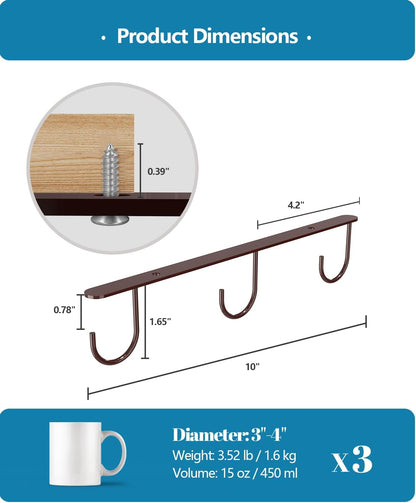 3 Pack Mug Hooks Under Cabinet with 9 Hooks for Displaying Mugs, Black