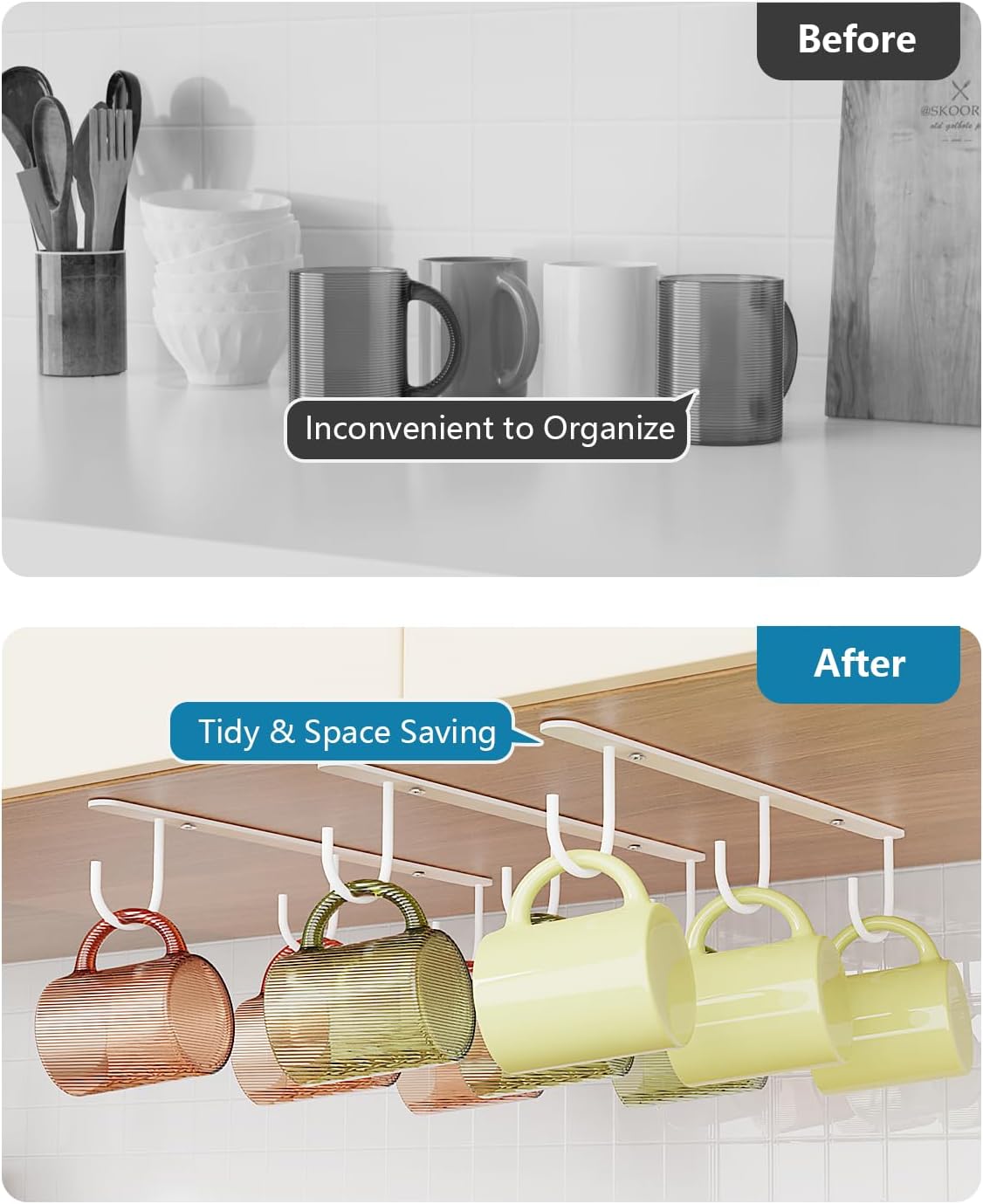 3 Pack Mug Hooks Under Cabinet with 9 Hooks for Displaying Mugs, Black