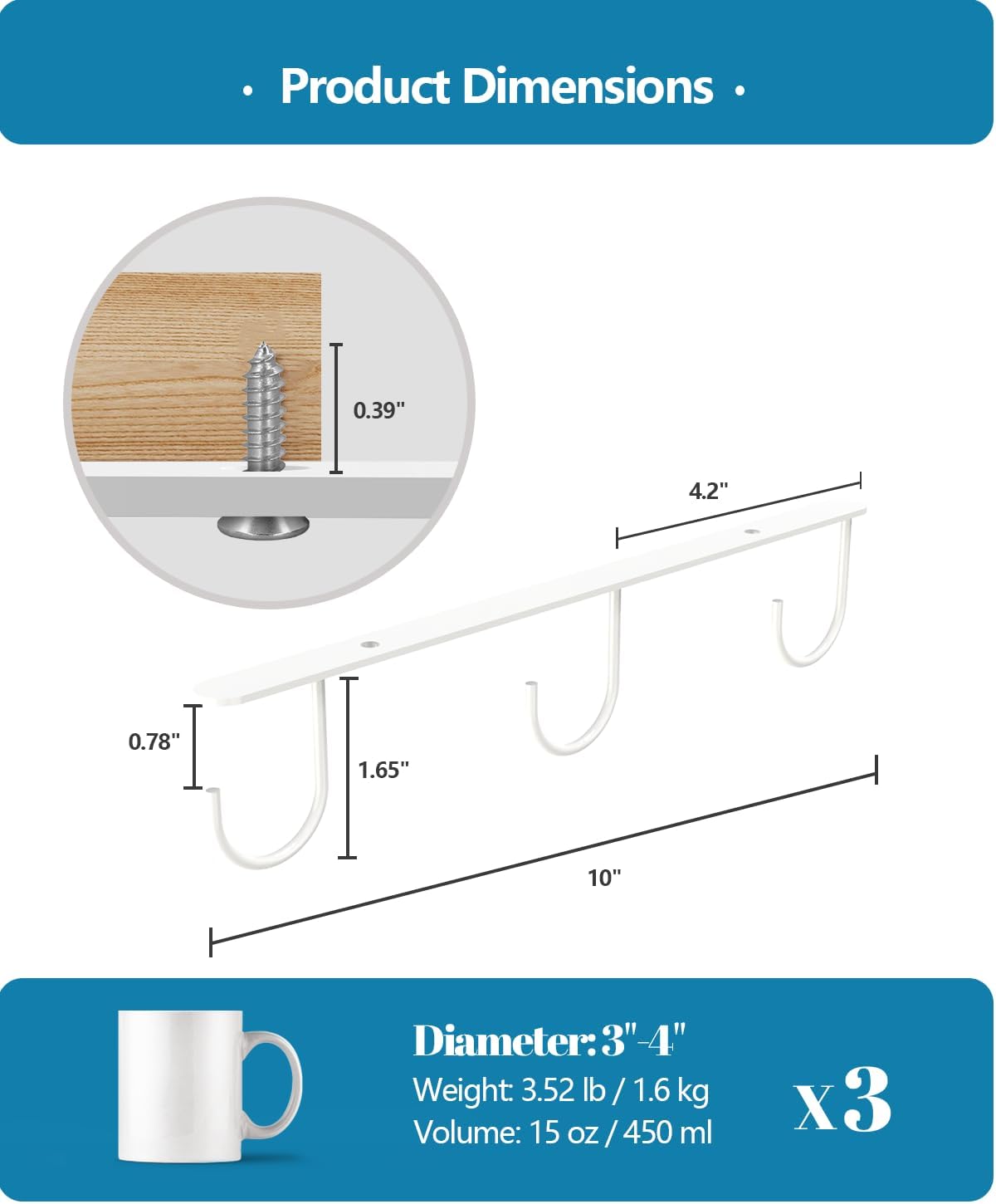 3 Pack Mug Hooks Under Cabinet with 9 Hooks for Displaying Mugs, Black