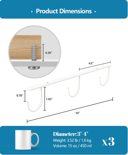 3 Pack Mug Hooks Under Cabinet with 9 Hooks for Displaying Mugs, Black