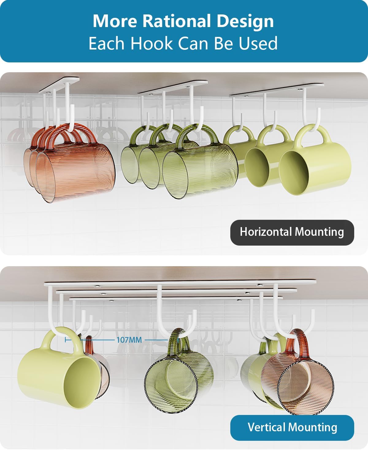 3 Pack Mug Hooks Under Cabinet with 9 Hooks for Displaying Mugs, Black
