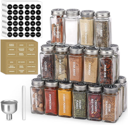 28 Pcs Clear Glass Spice Jars,3.5 oz Glass spice jar with 324 labels, Funnel,Chalk Pen,Shaker Lids and Airtight Metal Caps, Empty Square Spice Bottles for Spice Rack, Cabinet, Drawer