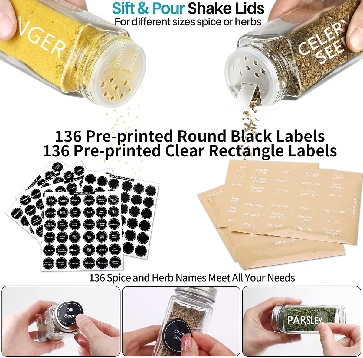 28 Pcs Clear Glass Spice Jars,3.5 oz Glass spice jar with 324 labels, Funnel,Chalk Pen,Shaker Lids and Airtight Metal Caps, Empty Square Spice Bottles for Spice Rack, Cabinet, Drawer