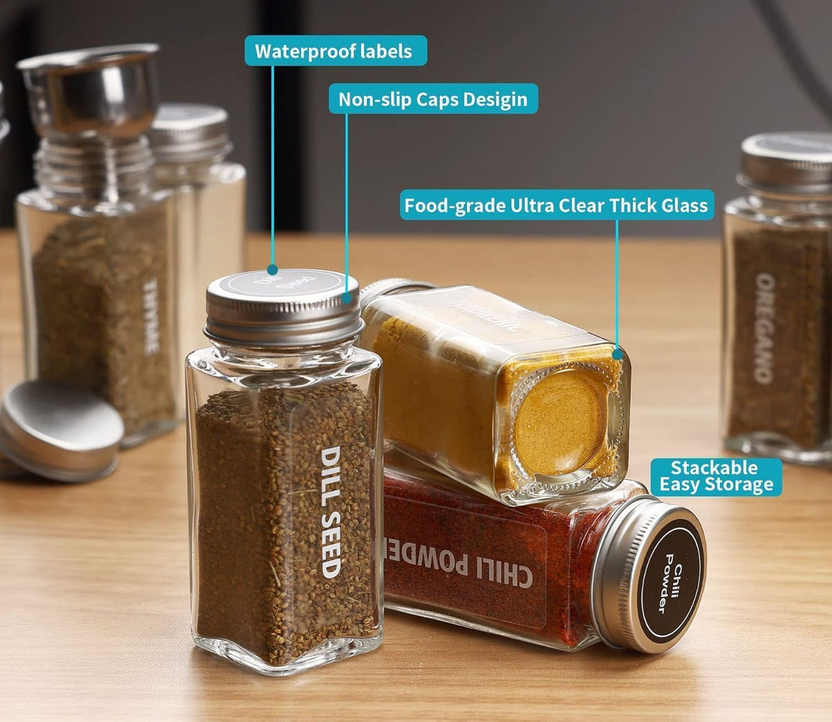 28 Pcs Clear Glass Spice Jars,3.5 oz Glass spice jar with 324 labels, Funnel,Chalk Pen,Shaker Lids and Airtight Metal Caps, Empty Square Spice Bottles for Spice Rack, Cabinet, Drawer