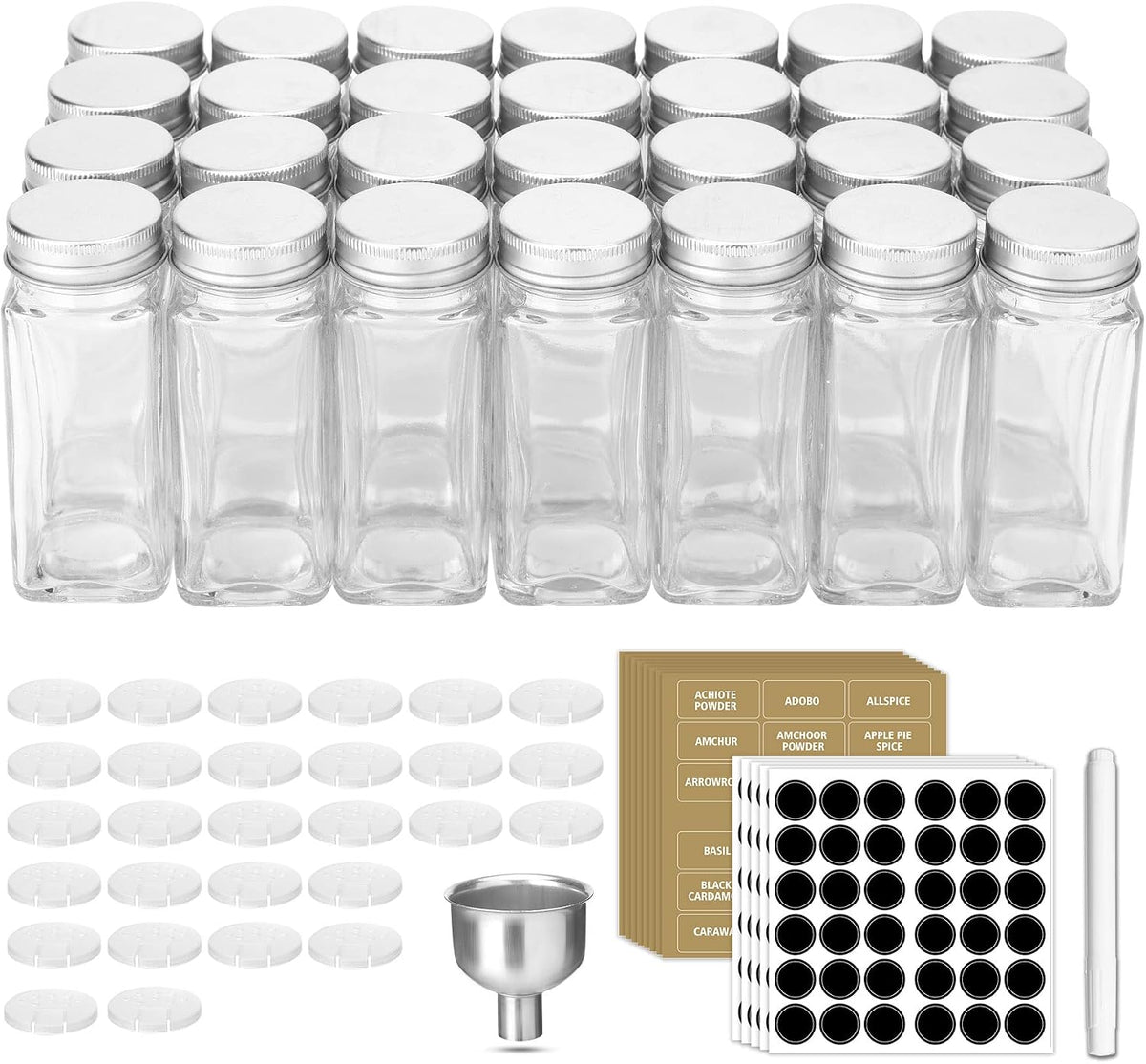 28 Pcs Clear Glass Spice Jars,3.5 oz Glass spice jar with 324 labels, Funnel,Chalk Pen,Shaker Lids and Airtight Metal Caps, Empty Square Spice Bottles for Spice Rack, Cabinet, Drawer