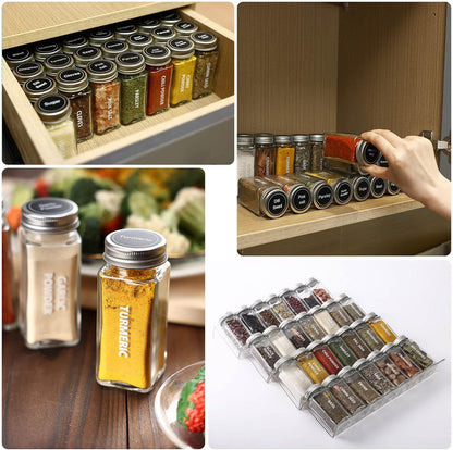 28 Pcs Clear Glass Spice Jars,3.5 oz Glass spice jar with 324 labels, Funnel,Chalk Pen,Shaker Lids and Airtight Metal Caps, Empty Square Spice Bottles for Spice Rack, Cabinet, Drawer