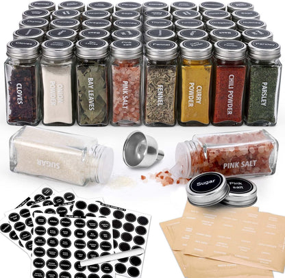 28 Pcs Clear Glass Spice Jars,3.5 oz Glass spice jar with 324 labels, Funnel,Chalk Pen,Shaker Lids and Airtight Metal Caps, Empty Square Spice Bottles for Spice Rack, Cabinet, Drawer