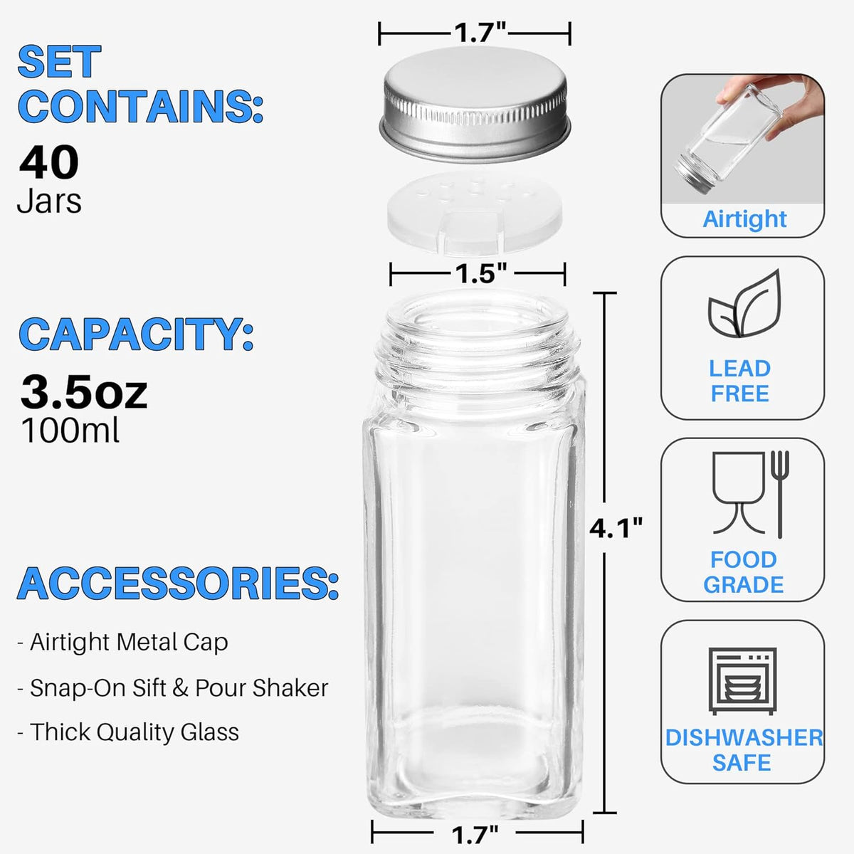 28 Pcs Clear Glass Spice Jars,3.5 oz Glass spice jar with 324 labels, Funnel,Chalk Pen,Shaker Lids and Airtight Metal Caps, Empty Square Spice Bottles for Spice Rack, Cabinet, Drawer