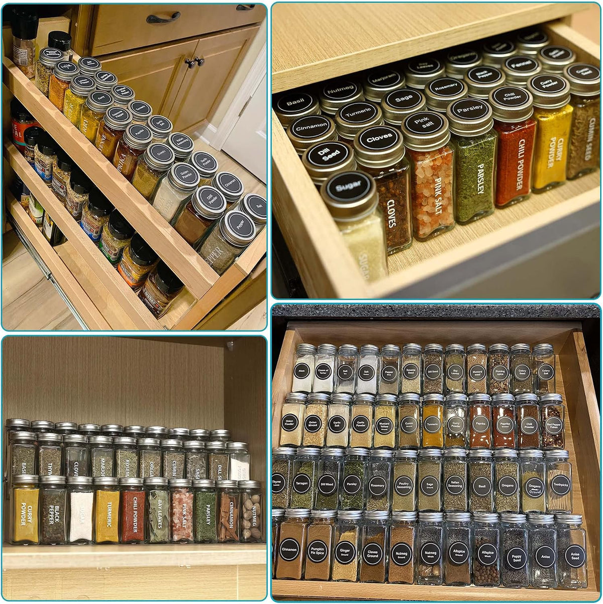 28 Pcs Clear Glass Spice Jars,3.5 oz Glass spice jar with 324 labels, Funnel,Chalk Pen,Shaker Lids and Airtight Metal Caps, Empty Square Spice Bottles for Spice Rack, Cabinet, Drawer