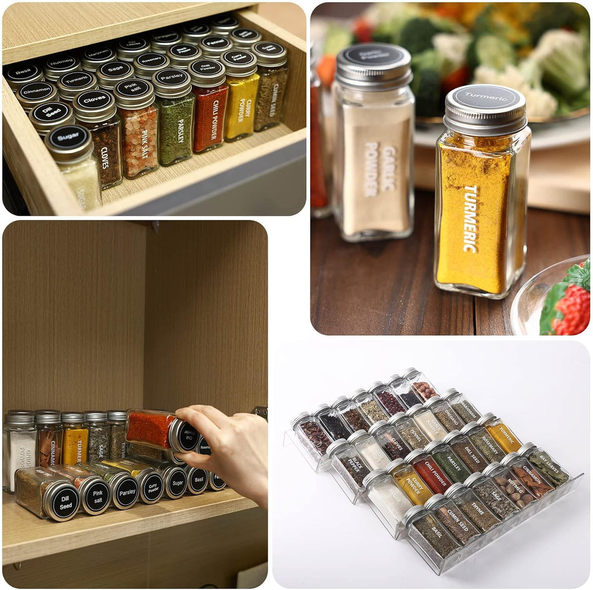 28 Pcs Clear Glass Spice Jars,3.5 oz Glass spice jar with 324 labels, Funnel,Chalk Pen,Shaker Lids and Airtight Metal Caps, Empty Square Spice Bottles for Spice Rack, Cabinet, Drawer