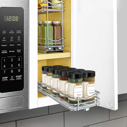 ® Pull Out Spice Organization for Cabinets - 4-3/8 inch Wide – Spice Rack for Inside Cabinets, Slide Out Spice Rack Organizer for cabinet – Pull Out Spice Rack, Sliding 2 Tier Chrome