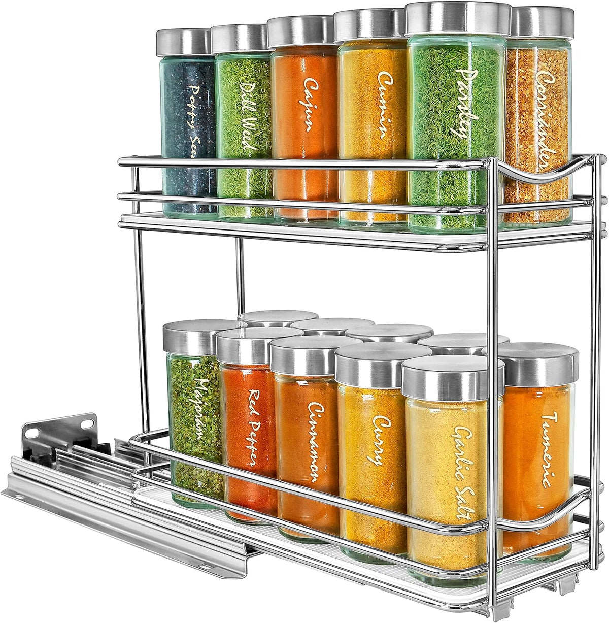 ® Pull Out Spice Organization for Cabinets - 4-3/8 inch Wide – Spice Rack for Inside Cabinets, Slide Out Spice Rack Organizer for cabinet – Pull Out Spice Rack, Sliding 2 Tier Chrome