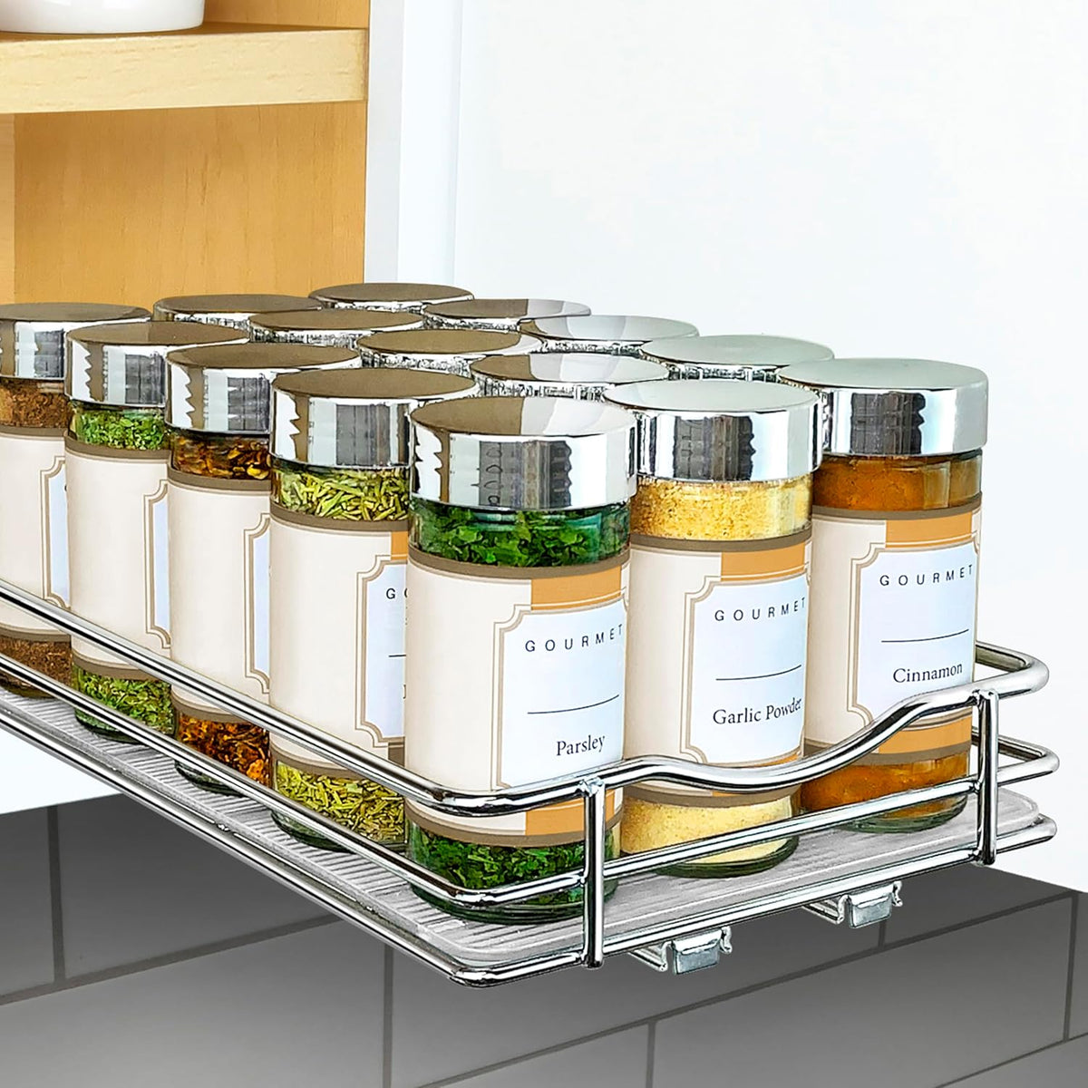 ® Pull Out Spice Organization for Cabinets - 4-3/8 inch Wide – Spice Rack for Inside Cabinets, Slide Out Spice Rack Organizer for cabinet – Pull Out Spice Rack, Sliding 2 Tier Chrome