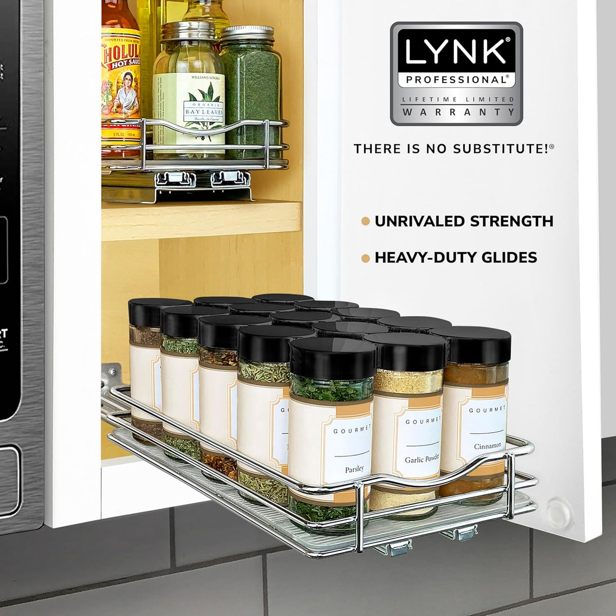 ® Pull Out Spice Organization for Cabinets - 4-3/8 inch Wide – Spice Rack for Inside Cabinets, Slide Out Spice Rack Organizer for cabinet – Pull Out Spice Rack, Sliding 2 Tier Chrome